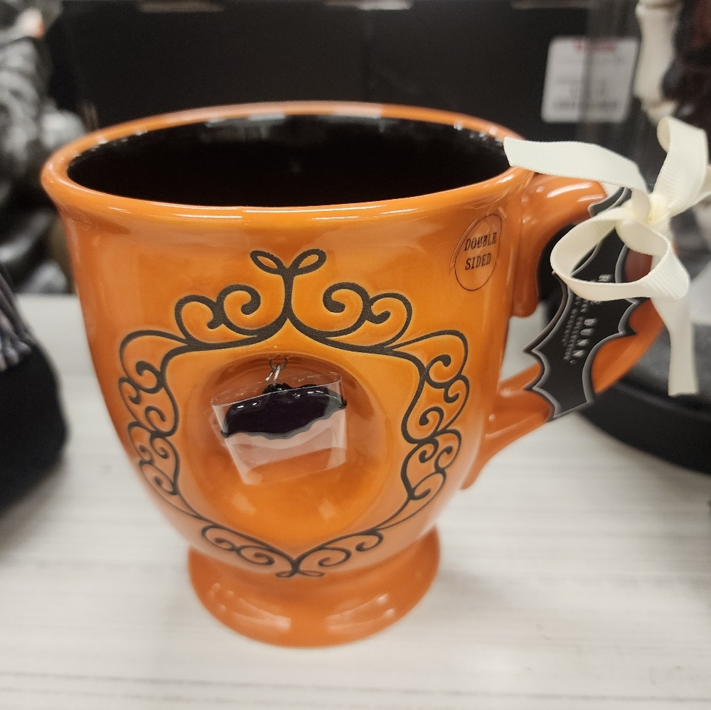 Rae Dunn "BAT TO THE BONE" Orange Halloween Mug with Bat Charm